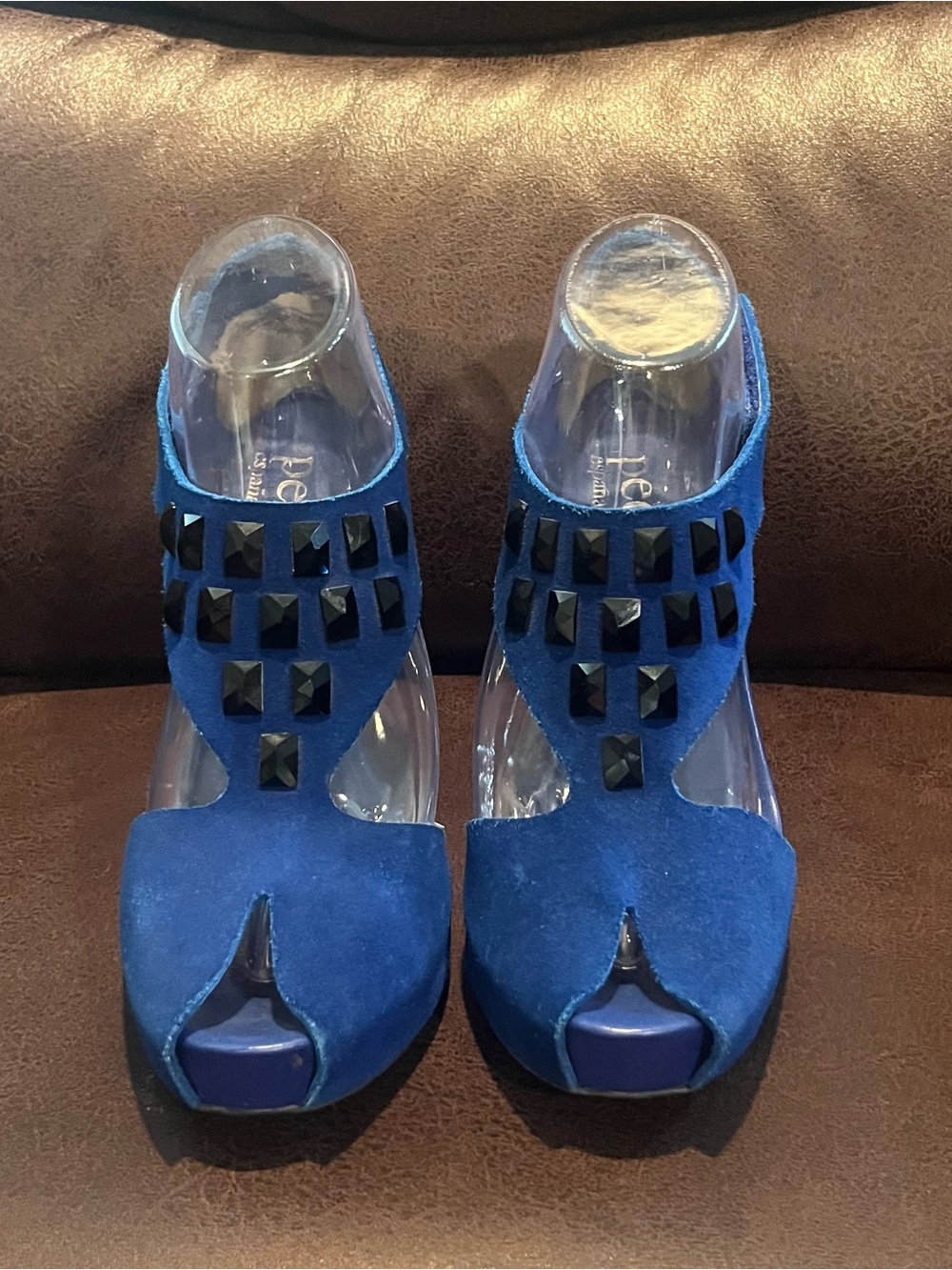 Pedro Garcia Blue Suede Studded Peep-Toe Mules